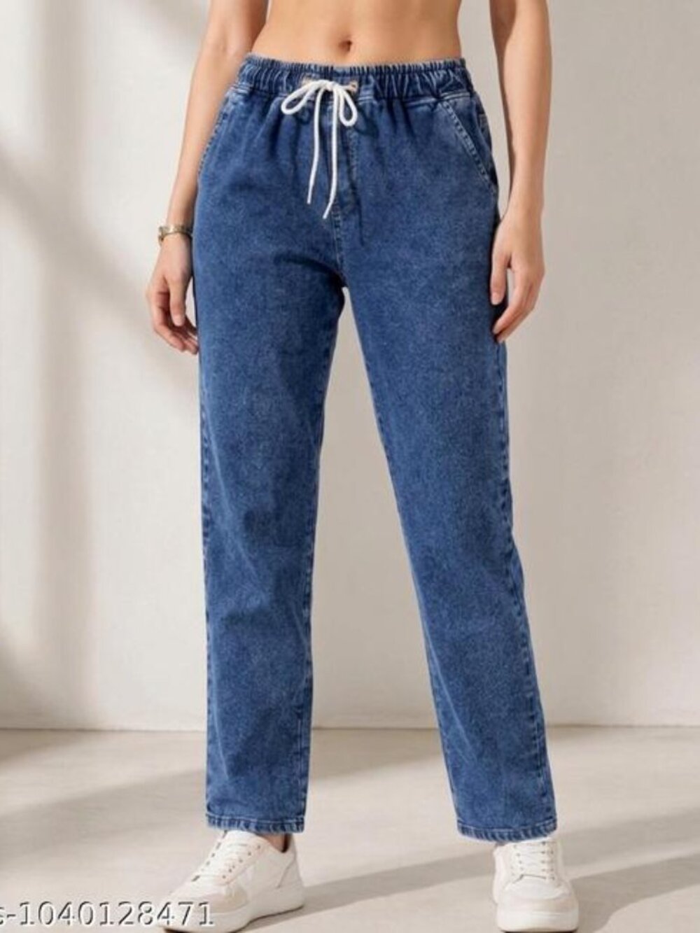 Relaxed Fit Full Length Elastic Waist Tie-Up Stone Wash Jean Joggers